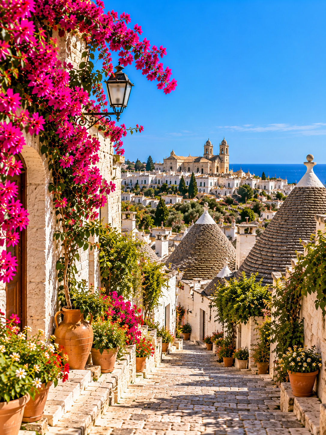 Sunlit Trulli Alley Overlooking the Sea
